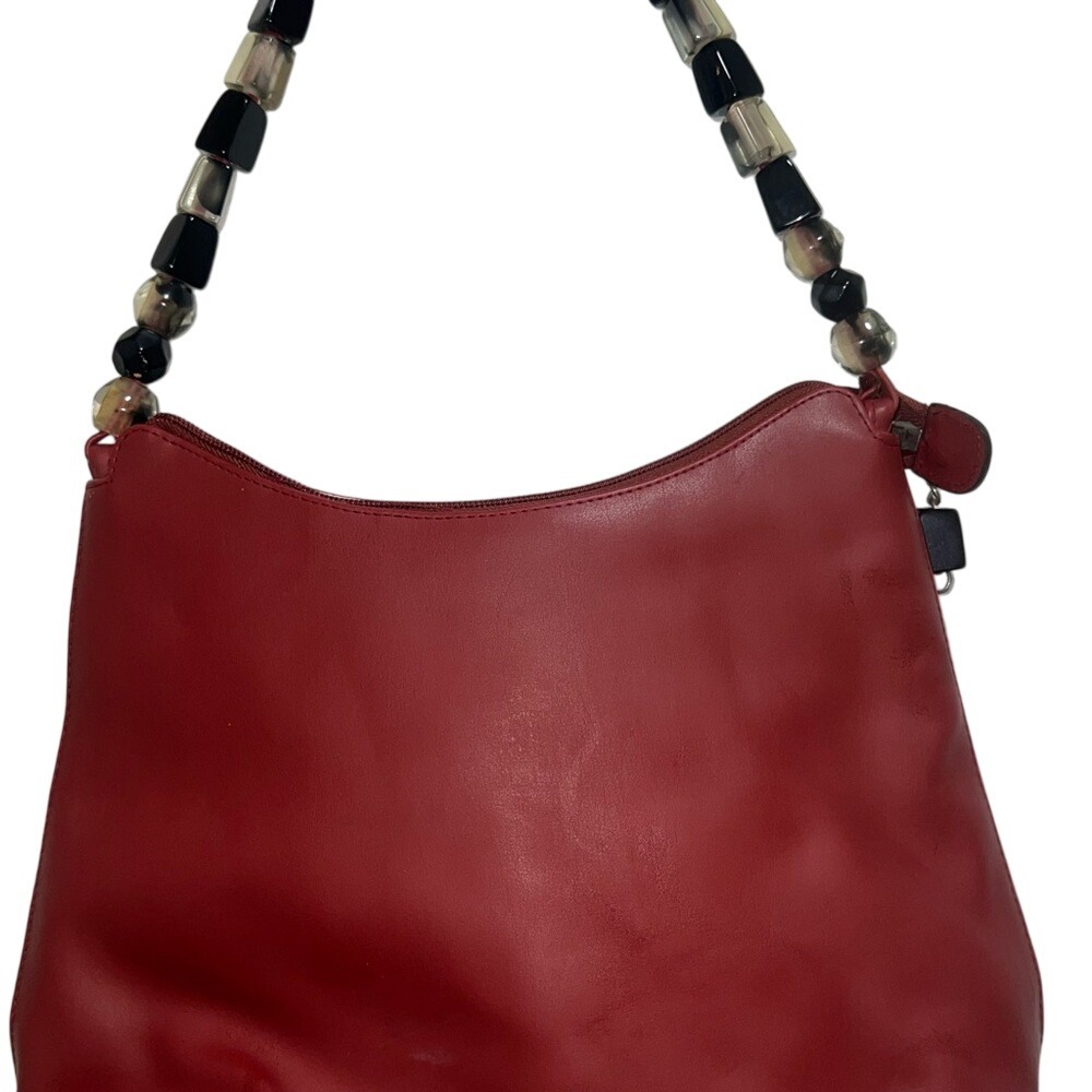 Chic Red Leather Shoulder Bag Beaded‎ Strap Zip Top - Picture 2 of 4